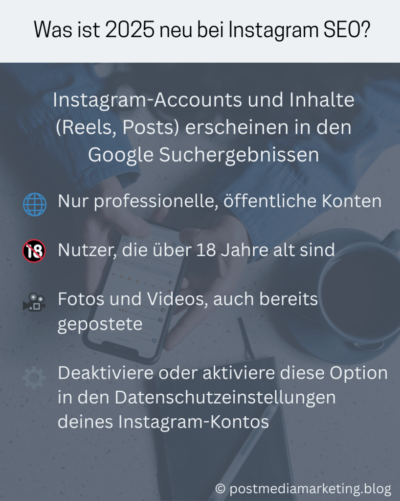 Infografik mit Text: Was ist 2025 neu bei Instagram. Instagram-Accounts und Inhalte (Reels, Posts) erscheinen in den Google Suchergebnissen. Nur professionelle, öffentliche Konten
Nutzer, die über 18 Jahre alt sind
Fotos und Videos, auch bereits gepostete
Deaktiviere oder aktiviere diese Option in den Datenschutzeinstellungen deines Instagram-Kontos