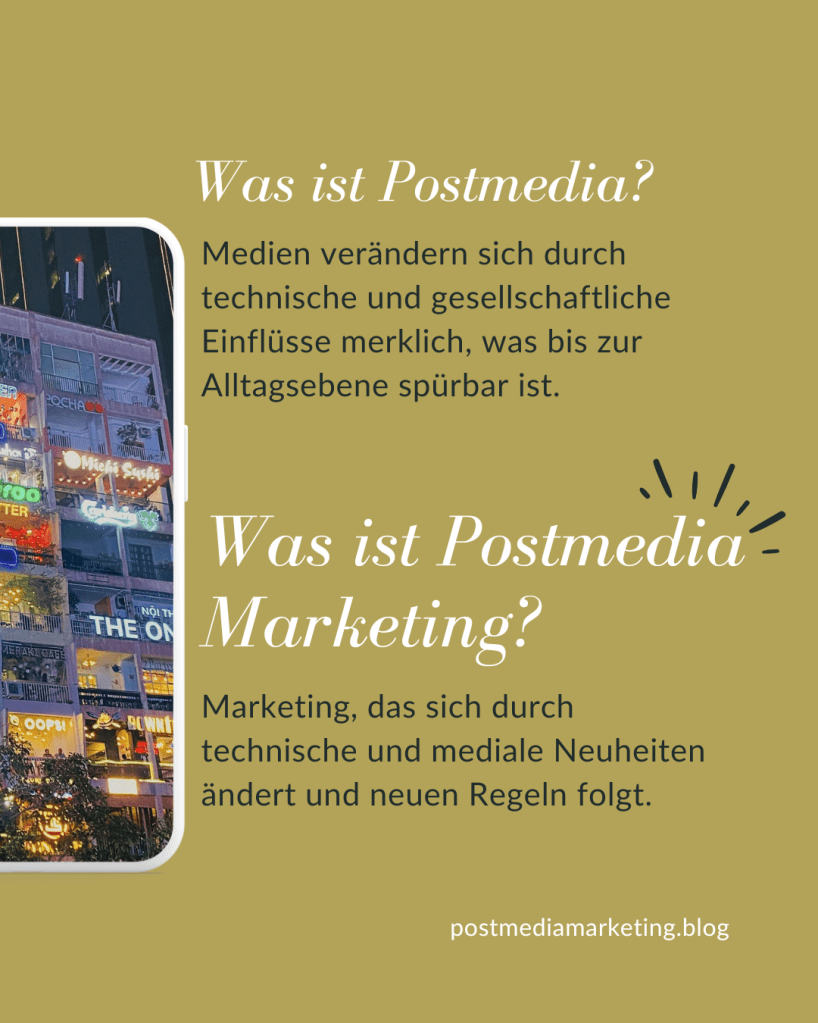 Grafik mit Text: Was ist Postmedia? Medien verändern sich durch technische und gesellschaftliche Einflüsse merklich, was bis zur Alltagsebene spürbar ist. 

Was ist Postmedia Marketing?Marketing, das sich durch technische und mediale Neuheiten ändert und neuen Regeln folgt.